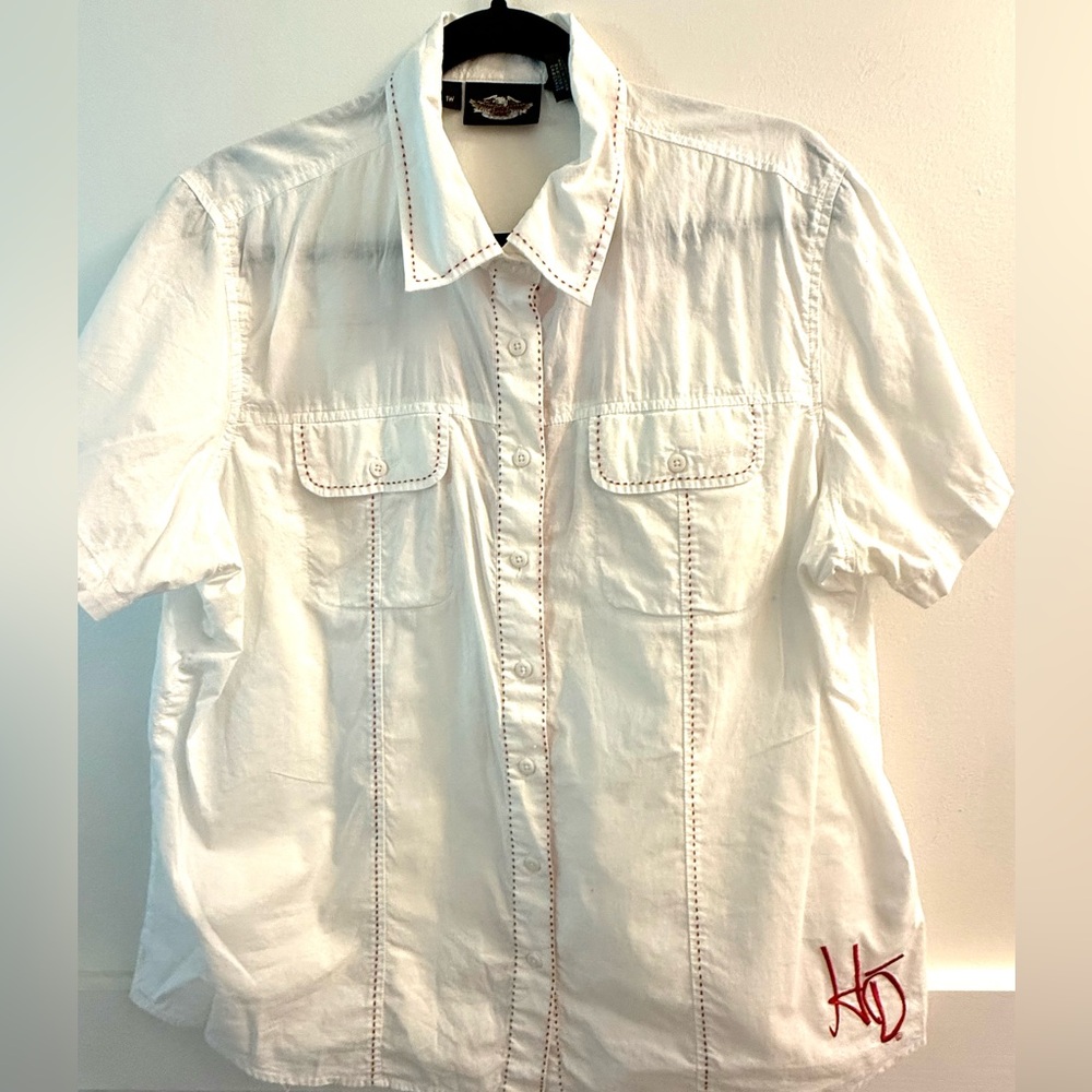 Genuine Harley- Davidson White Embroidered Button Down Shirt with Red Trim